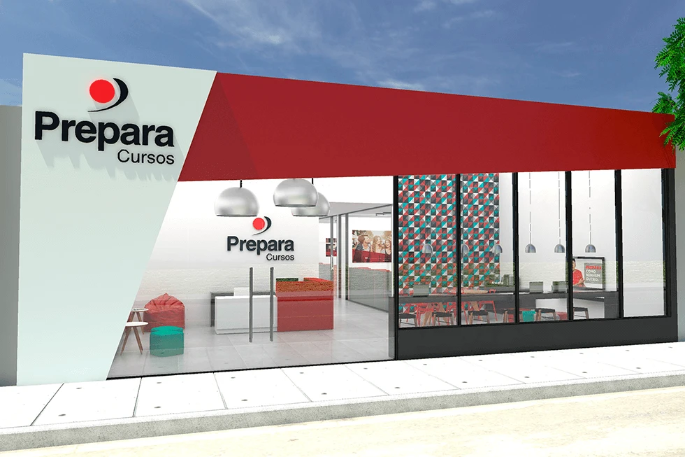 Fachada moderna de uma sala de cursos da Prepara Cursos, com decoração contemporânea, iluminação adequada, espaço confortável e visibilidade para aprendizado.